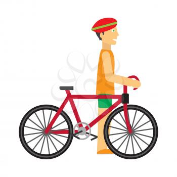 Biker with bicycle vector. Flat design. Man in sportswear and helmet standing with bicycle. Moving activity and healthy life. For sport concept. Sport competition. Isolated on white background