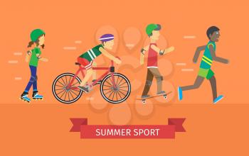 Summer sport banner. Group of people in sports uniforms riding a bike, roller skating, skateboarding and running outdoors. Summer vacation, leisure activities. Vector illustration on orange background