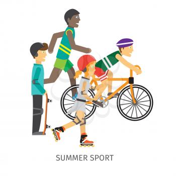 Summer sport banner. Group of people in sports uniforms riding a bike, roller skating, skateboarding and running outdoors. Summer vacation, leisure activities. Vector illustration on white background.