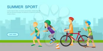 Summer sport banner. People in sports uniforms riding a bike, roller skating, skateboarding and running on background of urban landscape. Summer vacation, leisure activities. Website template in flat