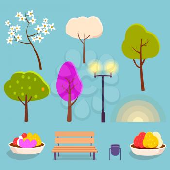 Blooming trees, bright streetlight, flower beds with bushes, garbage bin, wooden bench and sunset vector illustrations set.