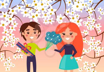 Little boy gives redhead girl bouquet of blue flowers and gift box with bow surrounded with cherry blossom vector illustration.