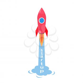 Startup of rocket vector illustration isolated on white. Start of creative project sign in flat design, rocketship going to fly into space