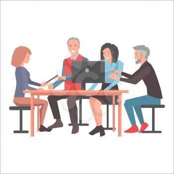 Smiling people sitting at table with black laptop on white background. Two women and eldrey gray-haired men sitting on black chairs. Vector illustration of startups flat design cartoon style art.