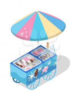 Ice cream cart store. Colored freezer on wheels with umbrella and eskimo on sticks isometric vector illustration isolated on white background. For cafe ad, apps icons, game environment design