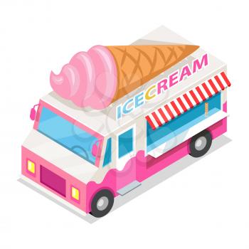Ice cream truck in isometric projection style design icon. Street fast food concept. Food trolley with ice cream cone illustration. Isolated on white background. Ice cream mobile shop. Vector