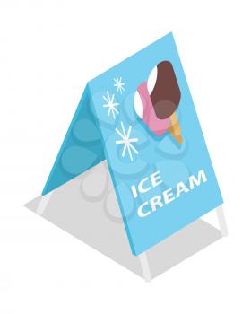 Ice cream advertisement banner. Fresh tasty cold ice cream. Ice cream poster, banner. Vector illustration on the theme of ice cream. Refreshing summer food. Sweet desert. Street food concept. Vector