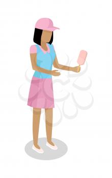 Brunette woman in casual clothing with ice-cream in hand isometric projection vector isolated on white. Faceless female figure in pink cap and short dress standing with fruity popsicle 3d illustration