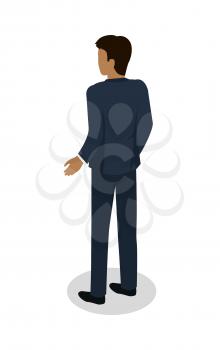 Male in blue business suit standing backwards on white background. Brunette man pushed his hand away from body. Vector illustration flat design. Icon graphic concept for banner, mobile, infographics.