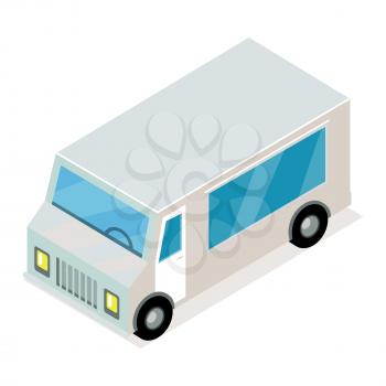 Vintage minibus isometric projection icon. Angular grey van isometric projection vector isolated on white background. Commercial transport vehicle 3d model for applications or game environment design