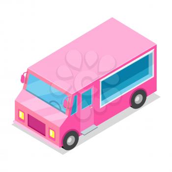 Big streetfood pink truck isolated on white background. Van with display window for selling food. Fast way to have snack right on street at any time. Meals on wheels vector illustration in flat style