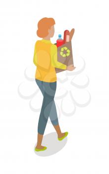 Woman walking with recyclable paper bag full of food vector illustration. Shopping daily products isometric concept isolated on white. Female character template make purchases in grocery store icon