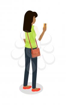 Woman with credit card standing backwards isometric projection icon. Female character in casual clothing make purchases vector illustration isolated on white background. Customer buying goods in store