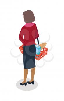 Woman with shopping basket full of food standing back isometric vector. Shopping daily products concept isolated on white background. Female character template make purchases in grocery store icon