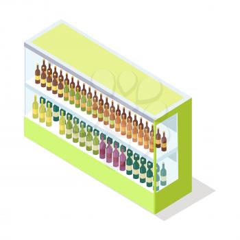 Wine in shop showcase isometric vector illustration. Alcoholic drinks on supermarket shelves 3d model isolated on white background. Grocery store equipment isometry for games, apps, icons, web design