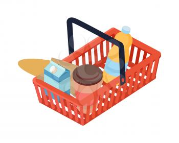 Shopping basket with daily products vector illustration. Make purchases in grocery store flat concept isolated on white background. Food store and supermarket equipment for goods transportation. 