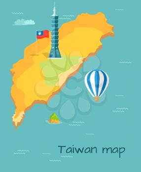 Taiwan map with high skyscraper Taipei, flag of island in Pacific Ocean. Striped blue and white ballon flying over blue water. Vector illustration of Formosa location and sights cartoon style.