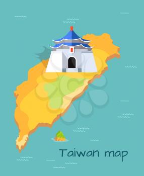 Majestic Chiang Kai-shek Memorial building on Taiwan map. Vector illustration of island coast is washed by East China Sea in north, South China Sea, Philippine Sea in south and Pacific Ocean in east.