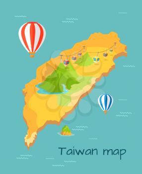 Maokong Dragon mountain cableway in Taiwan on cartography map. Rapidly delivers tourists and locals to top of mountain. Caravans with viewing platform and airballoons in sky vector illustration