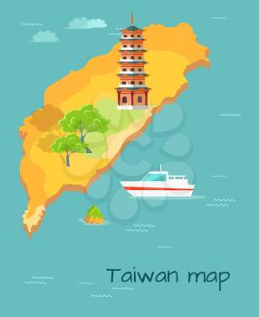 Cartoon Taiwan Map with Dragon Tiger Tower, green trees and white boat. Chinese island in Pacific Ocean vector illustration. Excurtion to famous historical building. Exotic Oriental country travel.