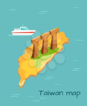 Three stone or concrete supports, green grass in Taiwan island at the Pacific Ocean with cruise ship nearby. Vector illustration of Formosa architecture green island in flat design cartoon style