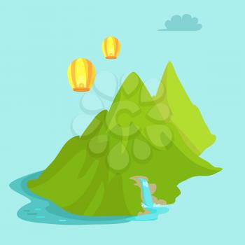 Maokong mountain in Taiwan and chinese lights flying in the sky. Scenery landscape vector illustration in flat style design Waterfall in green mountains near China in flat design cartoon style