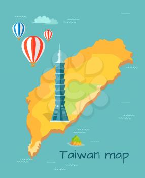 Cartoon Taiwan map with Taipei tower, one of highest in world. Chinese island in Pacific Ocean with air balloons above vector illustration. Famous building marked on map as place of interest.