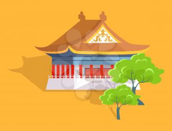 Confucius oldest temple in Taiwan flat and shadow theme on yellow background. Vector illustration of majestic building, main attraction with two green trees. Cartoon style graphic design for web.