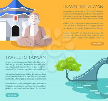 Taiwanese traditional sightseeing elements poster. Vector colorful banner in flat design with Buddha statue and bridge of Asian country and written text information on orange and blue backgrounds