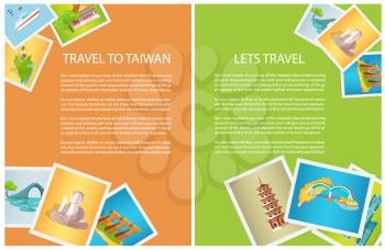 Two vertical cards travel to Taiwan and lets journey, photo with sights. Skyscraper Tanteks, national architecture, Dragon and Lunar bridges.