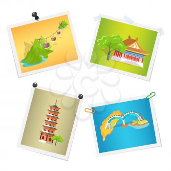 Photographs of Taiwanese sightseeings isolated on white. Vector colorful illustration in flat design of Asian national bridge, tall building, mountain lifts and building in traditional style.