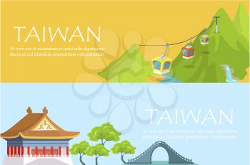 Taiwan travelling poster with green hills and traditional house near extraordinary bridge. Vector colorful banner in flat design with pictures and written information on yellow and blue backgrounds.