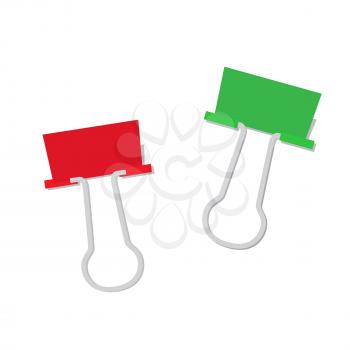 Metal paper clip of red and green color isolated on white background. Attach symbol realistic vector illustration. Fastener to hold papers together, fix accessory in flat design, attachment element