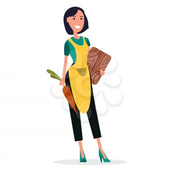 Woman cook in yellow apron with cutting board and carrot isolated on white vector illustration. Smiling chief cooker with fresh vegetable