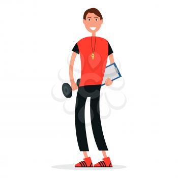Trainer in sport gym with dumbbell, whistle on neck and list board isolated vector illustration on white. Coach in sport suit