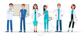Doctors in uniform isolated on whitey. Medical advisers healthcare workers with stethoscopes and tablets vector illustration web banner.