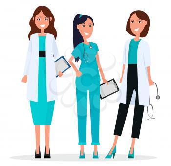 Women team of doctors on white background. Vector of healthcare girls with stethoscopes and tablets. Young physicians dressed in uniform