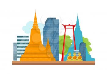 Bangkok detailed silhouette banner. Wat Arun and the Giant Swing, skyscraper buildings, stylish colorful landmarks. Buddha, Buddhism. Symbol of Thailand. Part of series of world travelling. Vector