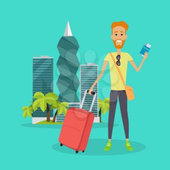 Smiling redheaded tourist with trolley suitcase holding documents on background of modern city with skyscrapers. Summer vacation concept. Traveling with baggage illustration. Flat style design.