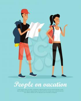People on vacation conceptual banner. Flat style vector. Travelers on trip. Young couple in sport clothes with backpacks and map standing on blue background. For travel company, tourist route ad  