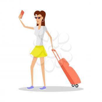 Summer vacation concept. Red head girl travels with luggage. Traveling with baggage illustration. Flat style design. Woman with trolley in sunglasses making selfie. Isolated on white background.
