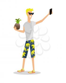 Man on vacation with mobile device and pineapple isolated on white. Boy takes selfie on the rest. Male taking pictures on smartphone. Holiday concept. Happy tourist on journey. Vector in flat style.