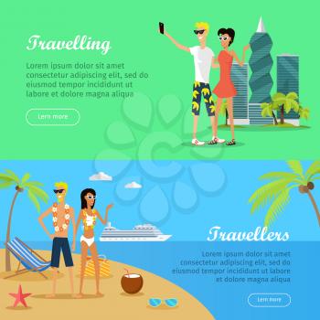 Set of people on vacation conceptual web banners. Flat style vector. Travelers and traveling concepts. Young couple in summer clothes standing on sea shore and making selfie photos in Panama-city 