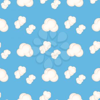 Seamless pattern with white clouds isolated on blue background. Endless texture with sky abstract cloud doodles. Vector illustration of heavens repeatable cloudy objects in flat style cartoon design