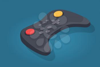 Wireless joystick or video game controller icon in cartoon style. Wireless black gamepad with red and yellow button, button plus. Vector illustration in flat design with shadow on blue background.