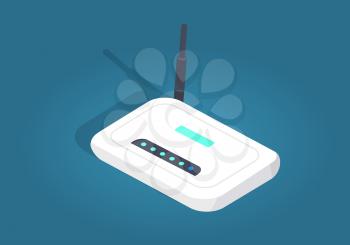 White wireless wi-fi router with black antenna. Flat modern design with shadow icons for web design and mobile applications, SEO. Vector illustration of internet, wi fi, router in cartoon style.