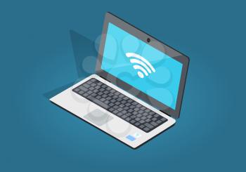 Open laptop with wi-fi connection flat and shadow theme isolated on blue. Sign of internet attachment on blue screen of notebook. Vector illustration of laptop and wireless network in cartoon style.
