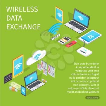 Wireless data exchange equipment for connection. Vector illustration of wi-fi sign, flash memory, network router, open laptop, white tablet, yellow telephone, green money and coins, flip-flop calendar
