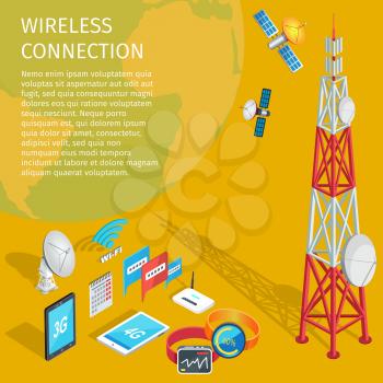 Equipment of wireless connection on yellow background. Vector illustration of volant satellites transmits to high tower with dishes. Two smart watches, wi-fi router, tablet and phone, monthly calendar