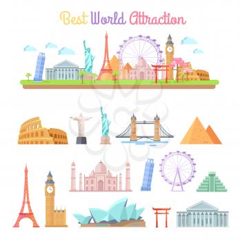 Best world attractions vector illustrations set. Rome Coliseum, Eiffel Tower, White house, Big Ben, Pyramid of Cheops and other most famous places.